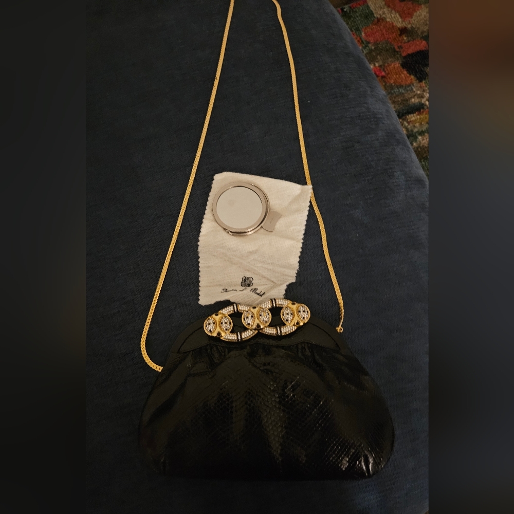 Snakeskin w crystal stone handle evening bag